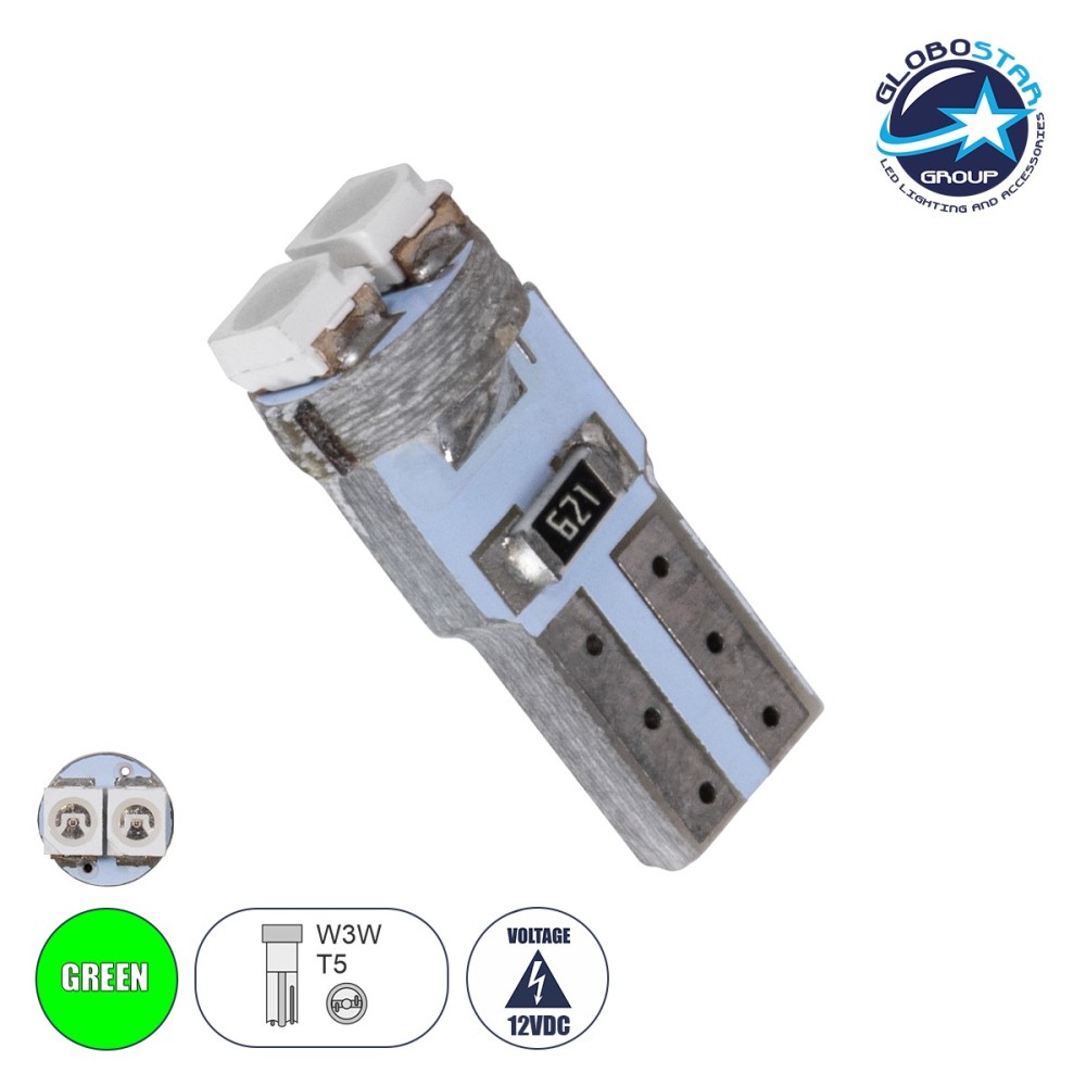 GloboStar® T5 81025 Λάμπα Αυτοκινήτου LED 2xSMD1210 0.6W 72lm 120° DC 12-16V IP20 Φ0.7 x Υ1.7cm Πράσινο